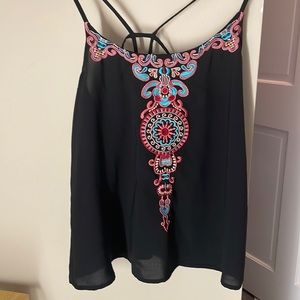 Full Tilt Black Tank Top with Pink and Turquoise Embroidery